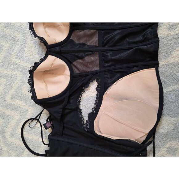 Victoria Secret Black Corset Boned Basque Cut Out Lace Up Push Up Sexy 36D - Picture 8 of 9